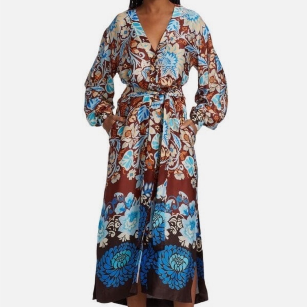 Alexis Brown and Blue Floral Wrap Dress
